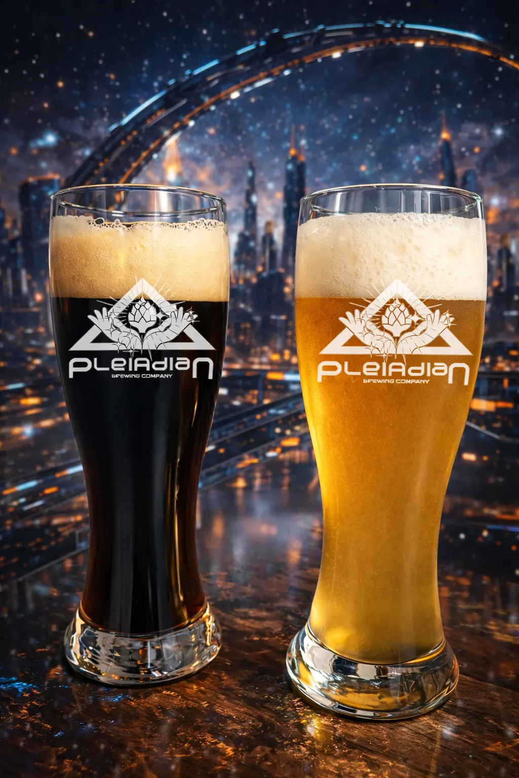 Dos vasos Pleiadian - Black Hole y Blonde con fondo cósmico